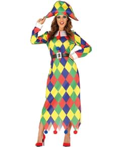 Fato de arlequim colorido para mulher