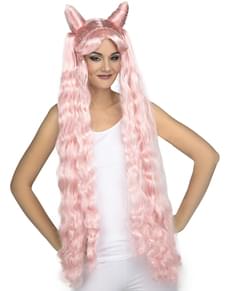 Perücke mit langen Zöpfen rosa für Damen