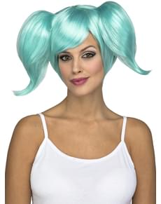 Perruque courte avec couettes turquoise femme