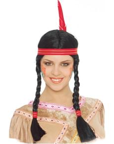 Indianer Perücke mit Zopf und Feder