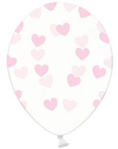 6 globos de látex transparentes con corazones rosa claro (30 cm) - Valentine Collection