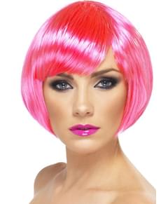 Peruca cor-de-rosa néon estilo bob com franja