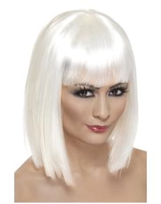 Peluca recta con flequillo blanca para mujer