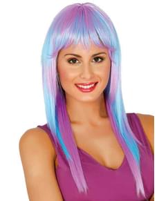 Pruik lang haar paars/blauw