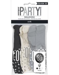 6 x “80” Balloons in Black, Silver and White (30cm) - Black & Silver Glitz