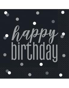 16 șervețele negre „Happy Birthday” (33x33 cm) - Black & Silver Glitz