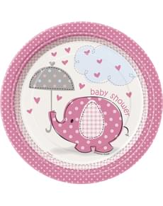 8 små lyserøde ”Baby shower” tallerkner (18 cm) - Umbrellaphants Pink
