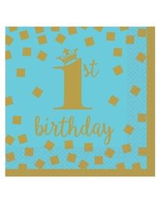 16 Servietten 1st Birthday blau-gold