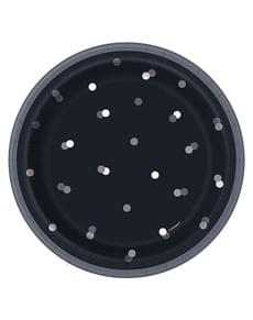 8 Small Black “Happy Birthday” Plates (18 cm)- Black & Silver Glitz