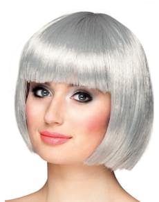 Peluca plateada media melena con flequillo para mujer
