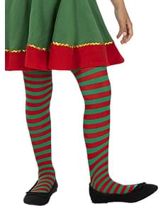 Red and Green Striped Elf Tights for Girls