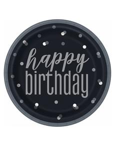 8 černých „Happy Birthday“ talířů (23 cm) - Black & Silver Glitz