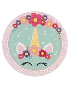 Talerze Jednorożec x8 (23cm) - Unicorn Flowers
