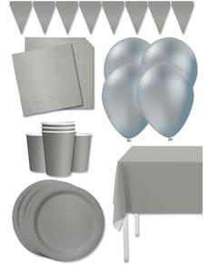 Kit decoración de fiesta color plateado Premium para 8 personas - Colores lisos