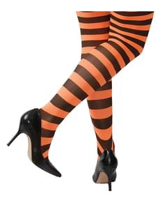 Collants de bruxa de riscas pretas e laranjas para mulher
