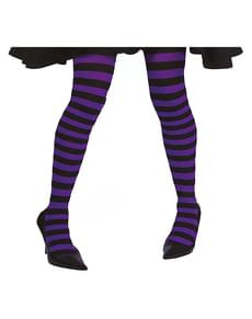 Collants de bruxa de riscas pretas e roxas para mulher