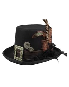 Pălărie steampunk neagră cu cataramă și pene pentru adulți