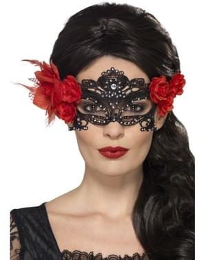 Црна маскенбал маска са црвеним цветом за жене