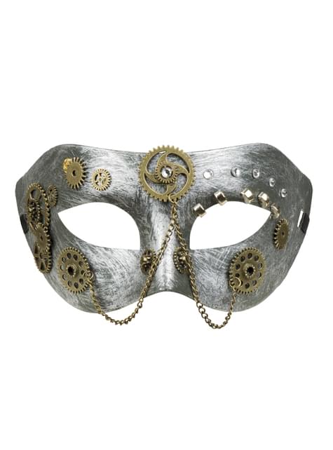 Antifaz steampunk de engranajes plateado para adulto