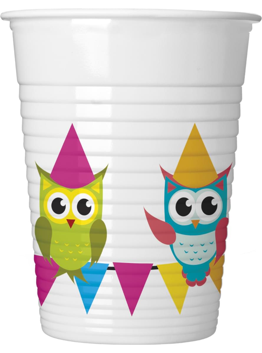 8 vasos de plástico de búhos divertidos