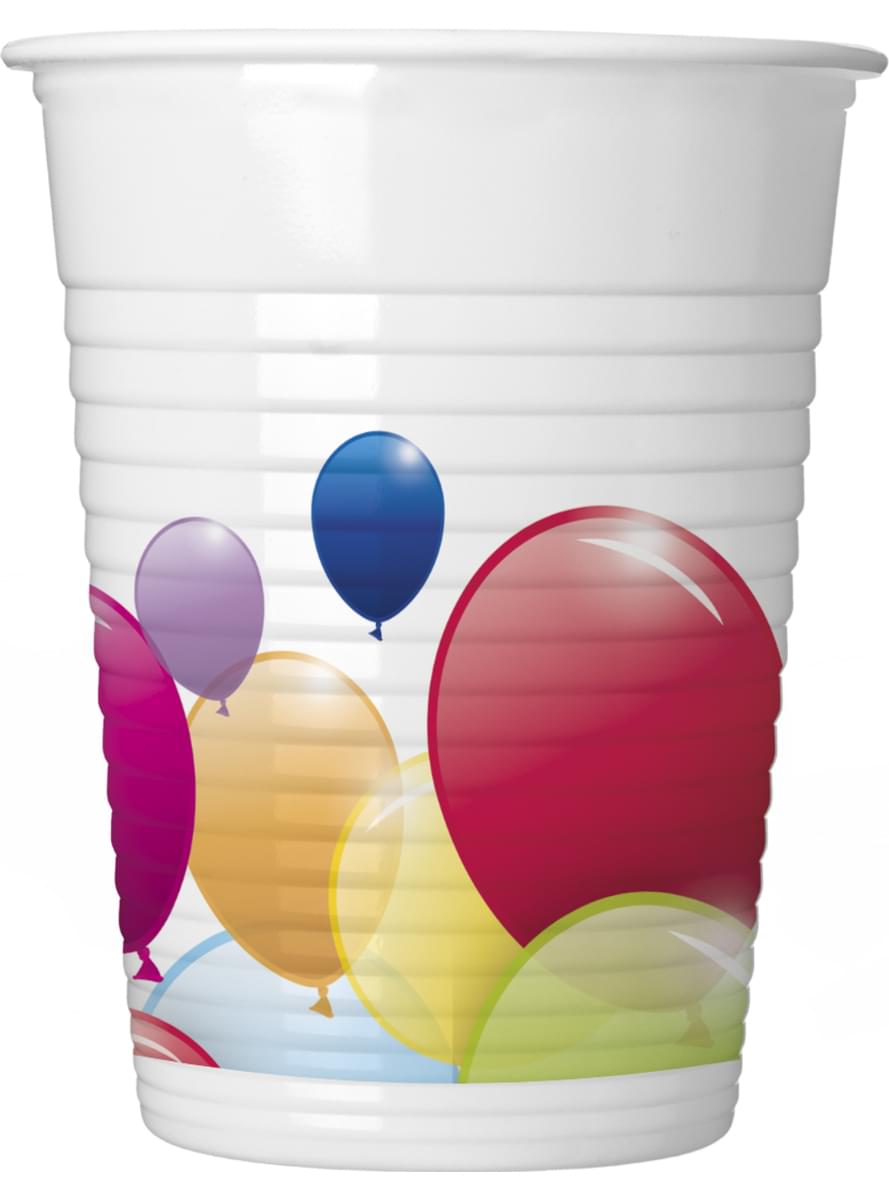 8 Plastikbecher Set mit Regenbogen-Luftballon Motiv