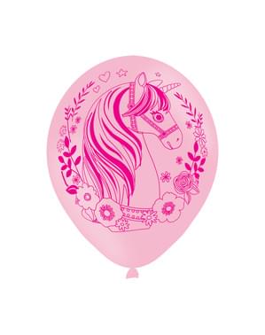 Sett med 6 rosa latex gull enhjørning ballonger