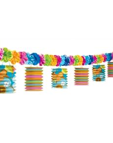 Banner with flowers and hanging Tiki Hawaii decorations