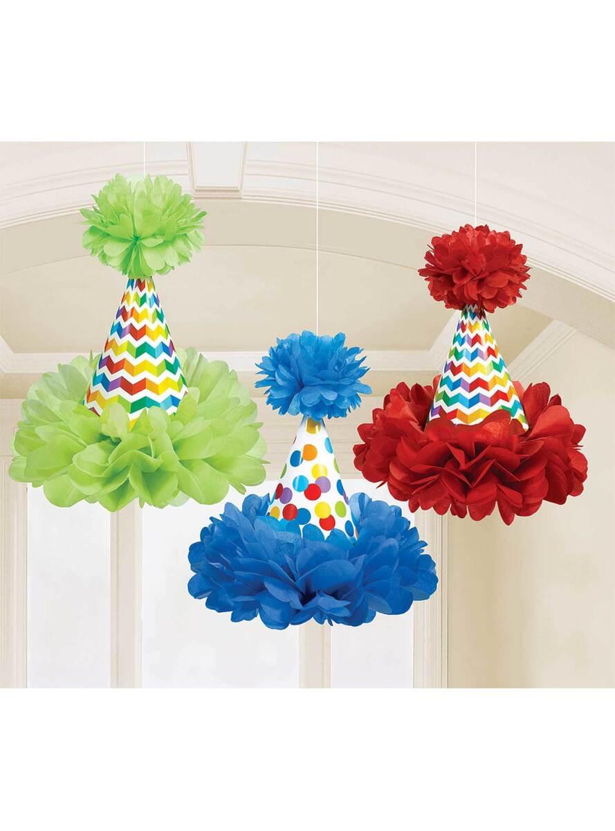 3 coni con pompon pendenti di pois a colori