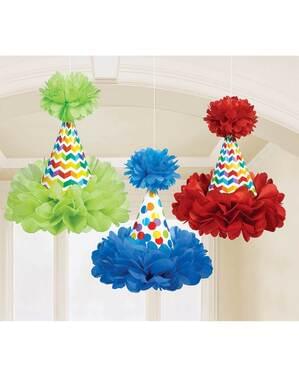 Sæt af 3 hængende polka prik kegler med pom pomer