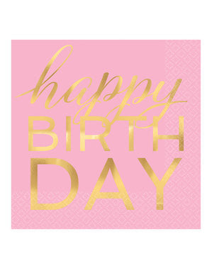 16 Serviettes en papier roses happy birthday doré