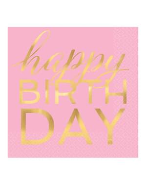 Zestaw 16 serwetek różowych ze złotym napisem happy birthday