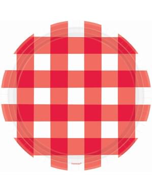 8 pratos de quadrados vermelhos e brancos (26 cm)