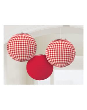 3-teiliges Papierlampen Set rot-weiß kariert
