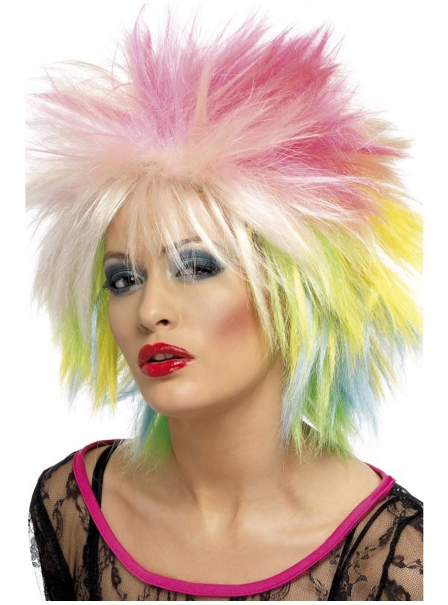 Peruca multicolorida anos 80 para mulher