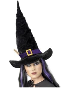 Chapéu de bruxa preto com faixa roxa