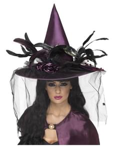 Chapéu de bruxa de penas roxo