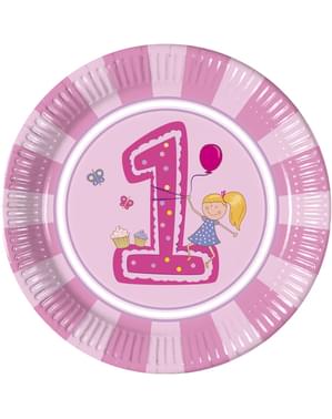 8 stora tallrikar Girl's First Birthday (23 cm)