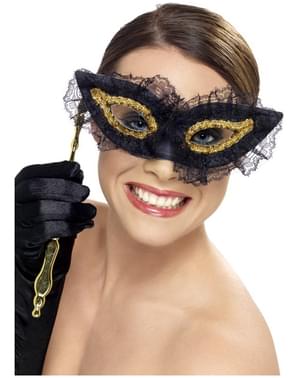 Máscara veneziana preta e dourada para mulher