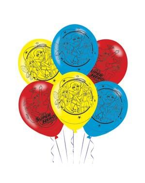Sett med 6 rød, gul og blå DC Superhelt Jenter latex ballonger