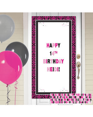 Настроюваний день народження двері банер з рожевим і чорним декором