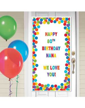 Tilpasseligt fødselsdags dørbanner med flerfarvede prikker