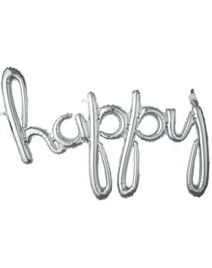 Silver happy in lowercase balloon