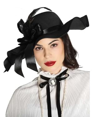 Topi Victoria berwarna hitam dengan bulu untuk wanita