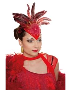 Toucado de cabaret com plumas vermelho para mulher