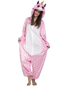 Fato de unicórnio cor-de-rosa adorável onesie para adulto