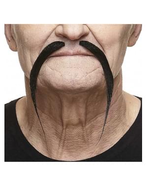 Skinny mustache that points downwards with separation in the middle