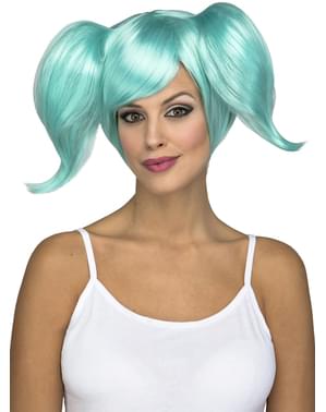 Short turquoise wig with short pigtails for women