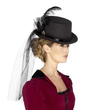 Chapéu victoriano com pluma e véu preto para adulto
