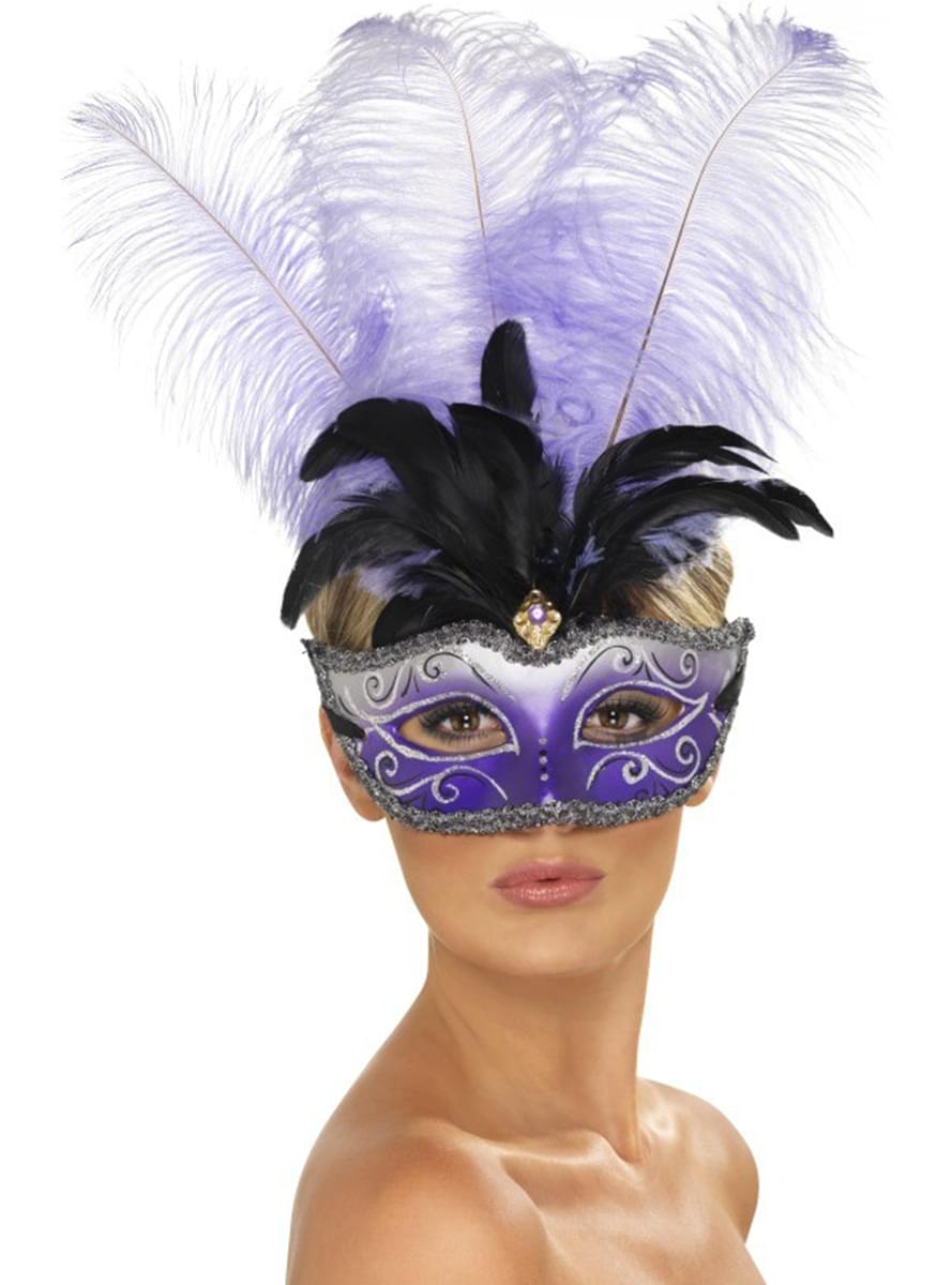 Venetian Eye Mask with Purple Feather