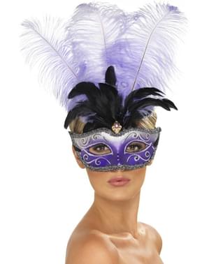 Beneška maska za oči s perjem v vijolični barvi